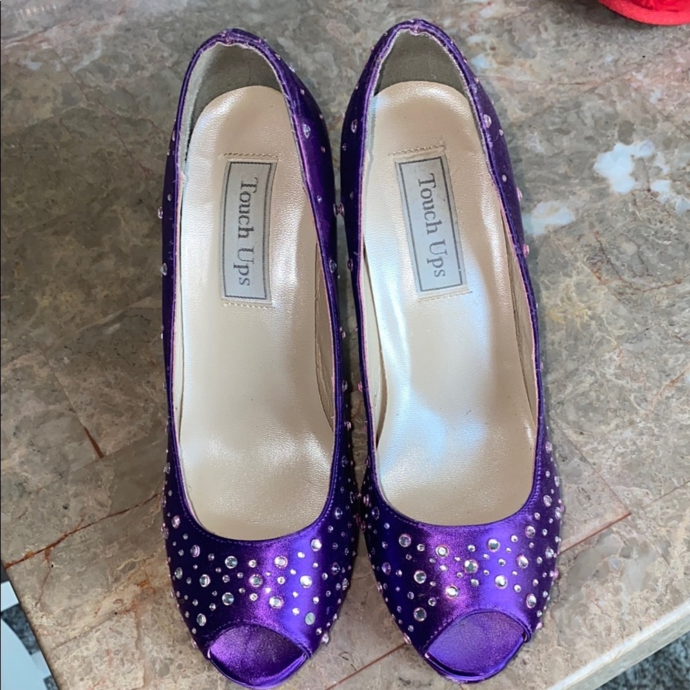 Touch Ups Purple Satin Heels with Rhinestone Accents - Picture 2 of 9